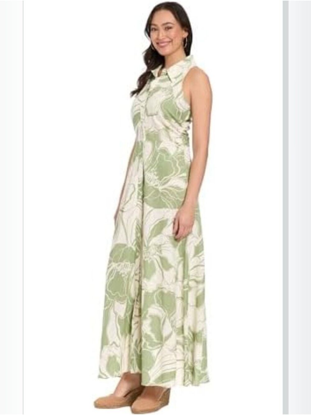 NWT Womens Linen Blend London Times Green and Cream Floral Maxi Shirt Dress. 8
